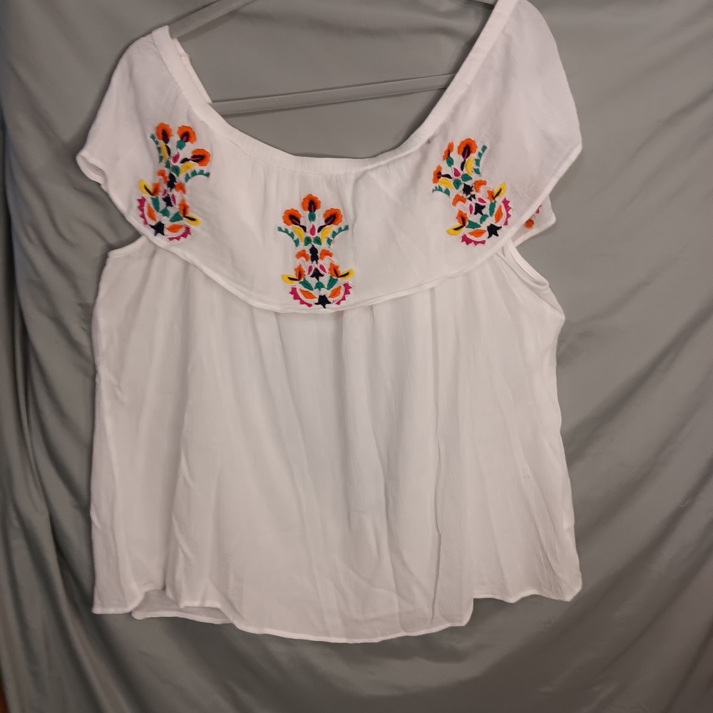 Peasant Top Blouse Large White Embroidered Off Shoulder Rayon Aztec Boho Gauzy - Picture 1 of 8